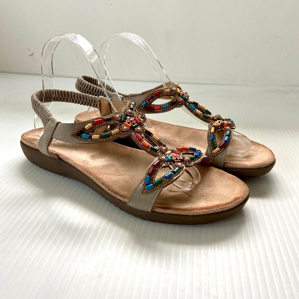 Patrizia Volcanic T Strap Slingback Taupe Beaded Sandals Womens 10